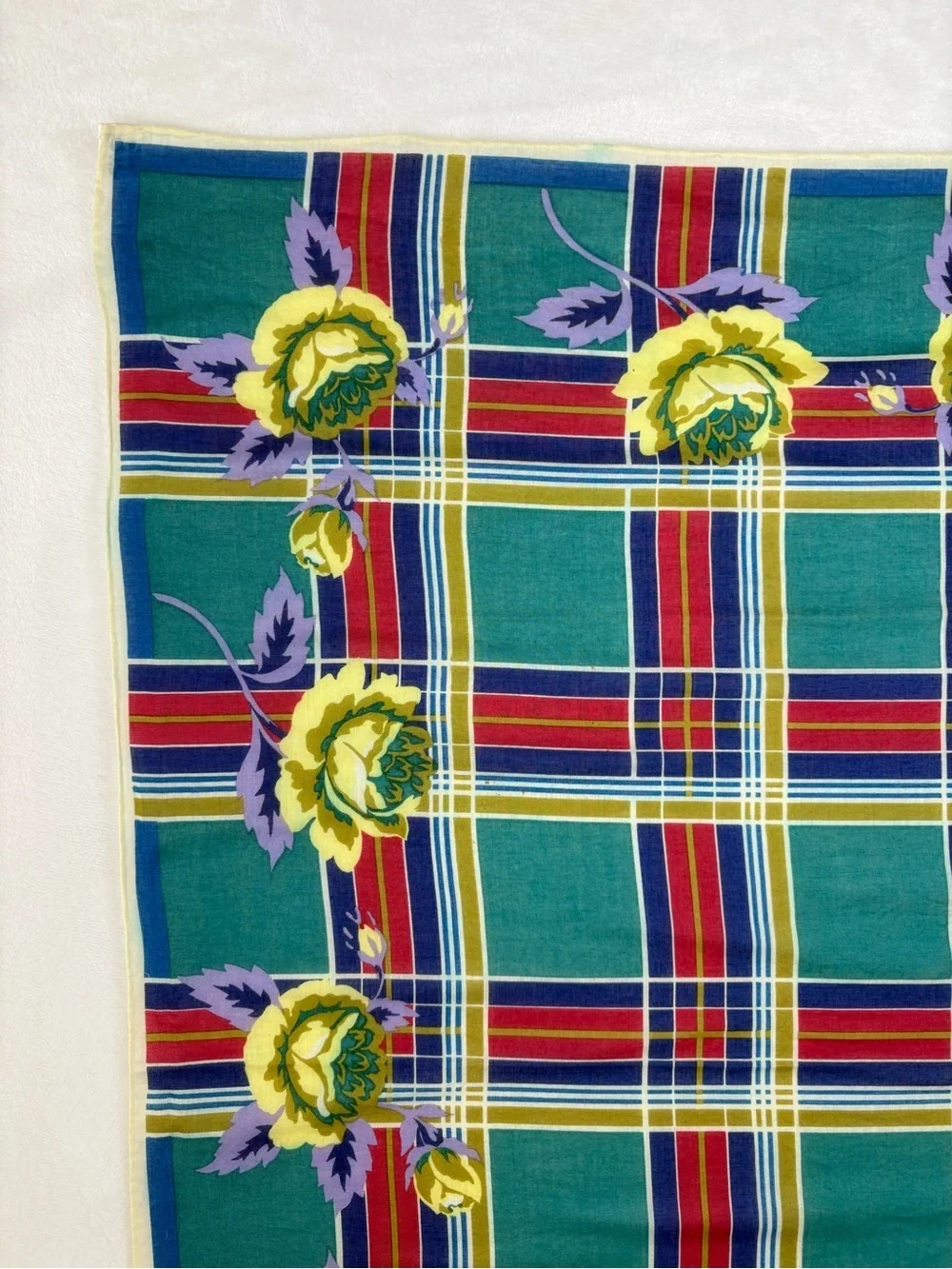 Vintage Kenzo Tokyo Cotton Scarf Plaid Teal Yellow Floral 28” Japan